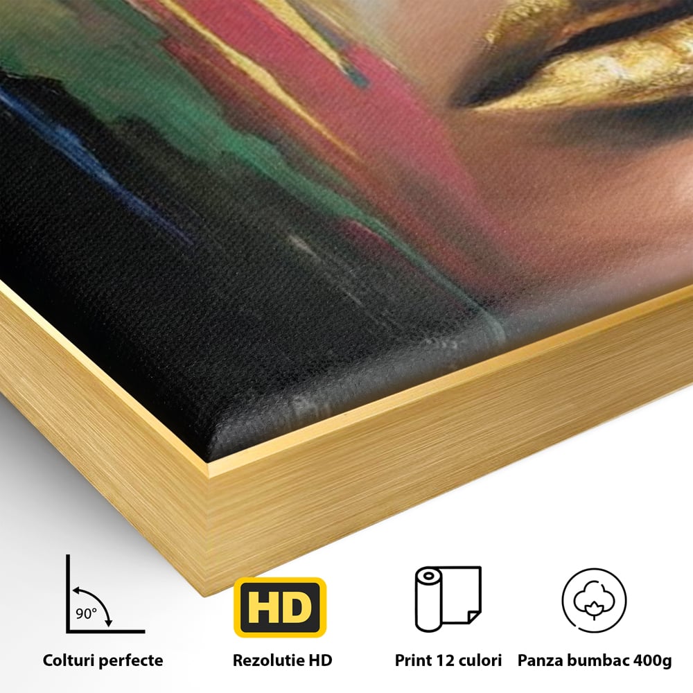 Detaliu al suprafetei: tablou canvas cu chip de femeie profil si foita de aur, in rama de aluminiu auriu
